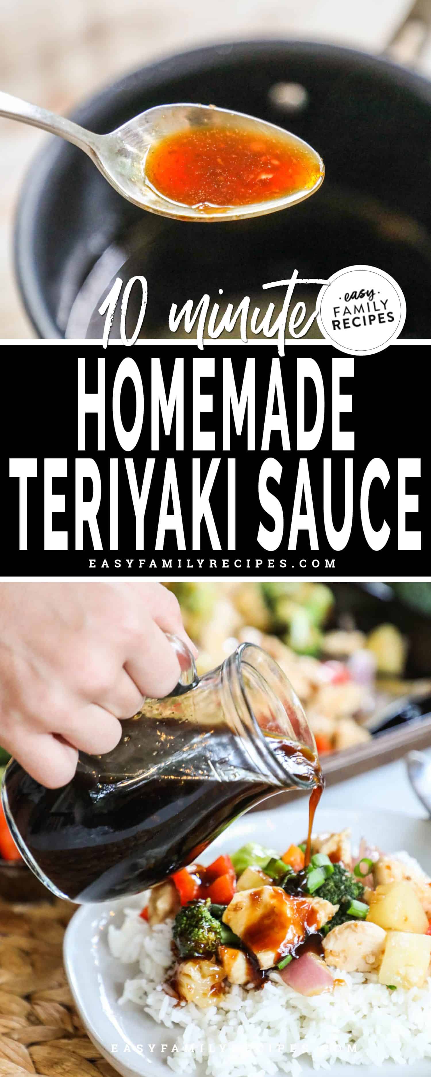 2 image collage of teriyaki sauce recipe homemade and then being served over dinner plate.
