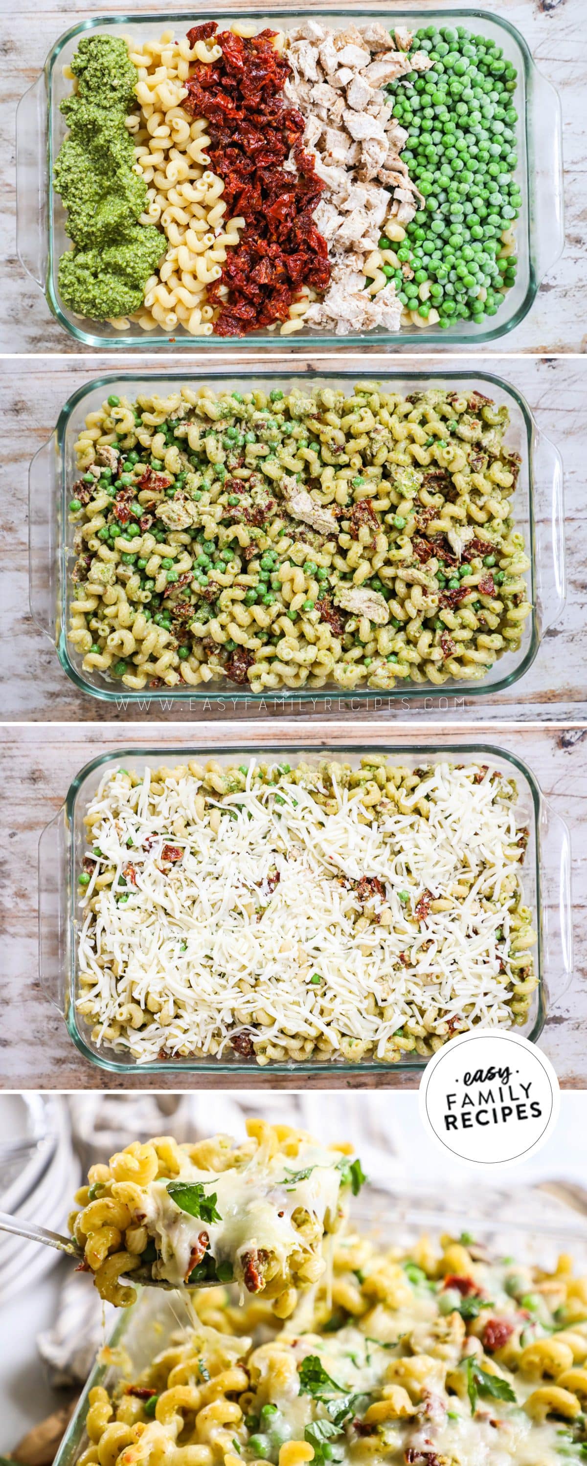 how to cook pesto chicken pasta bake 1)prep ingredients 2)combine in a casserole dish 3)top with cheese 4)bake and serve.