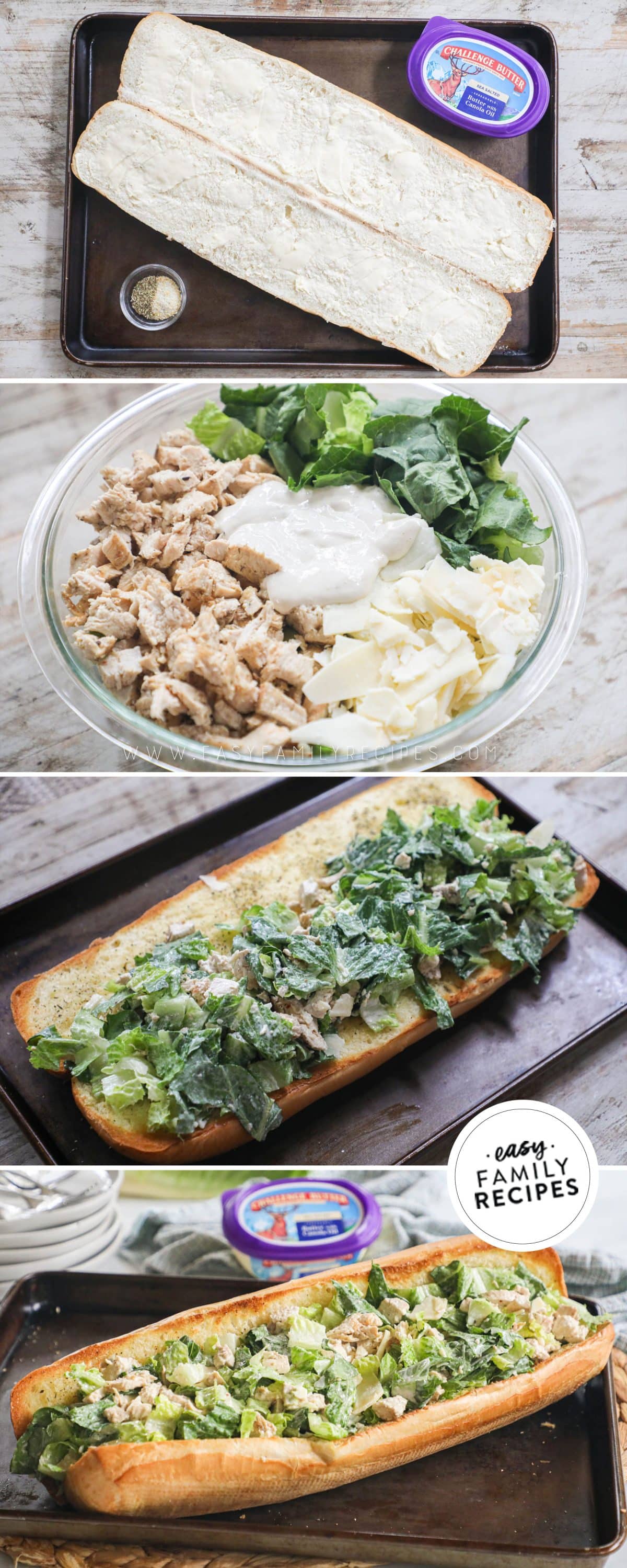 process photos for how to make chicken caesar sandwich on garlic bread. 1. Butter bread and add spices and toast. 2. Make chicken caesar salad. 3. Pile chicken caesar salad on garlic toast bread. 4. Slice into sandwiches.