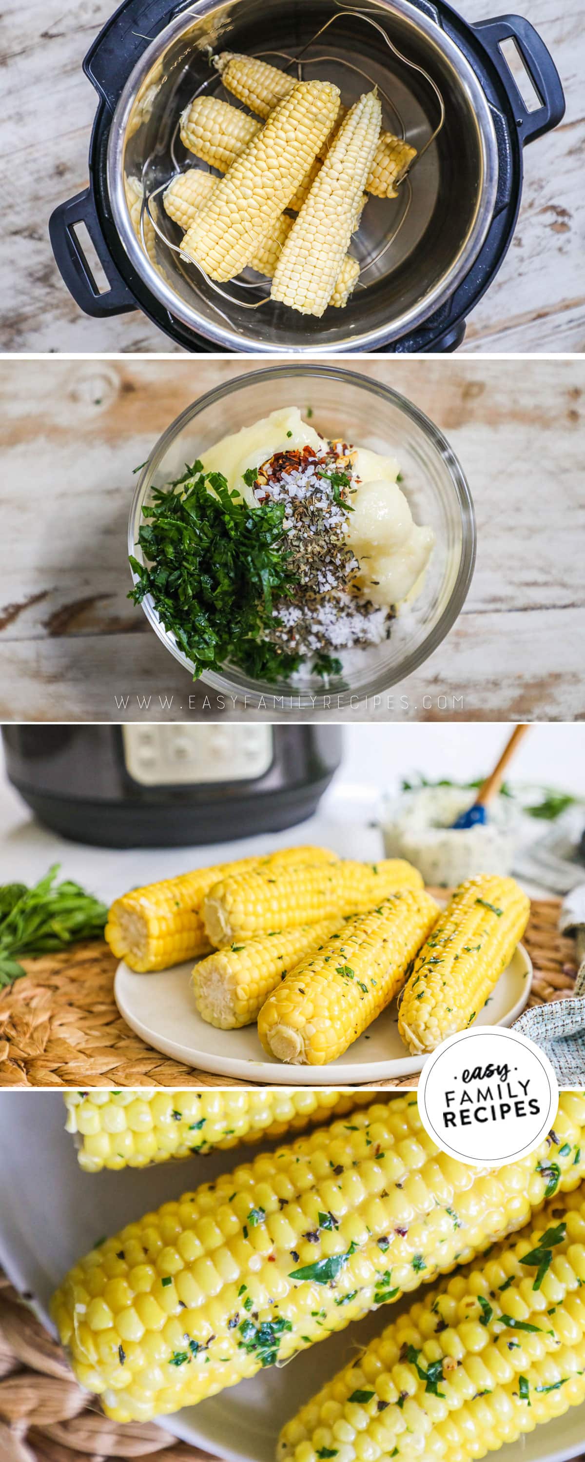 Step by step for making corn on the cob step one put husked corn into the pot step 2 mix garlic butter ingredients step 3 remove the corn from the Instant Pot step 4 add garlic butter.