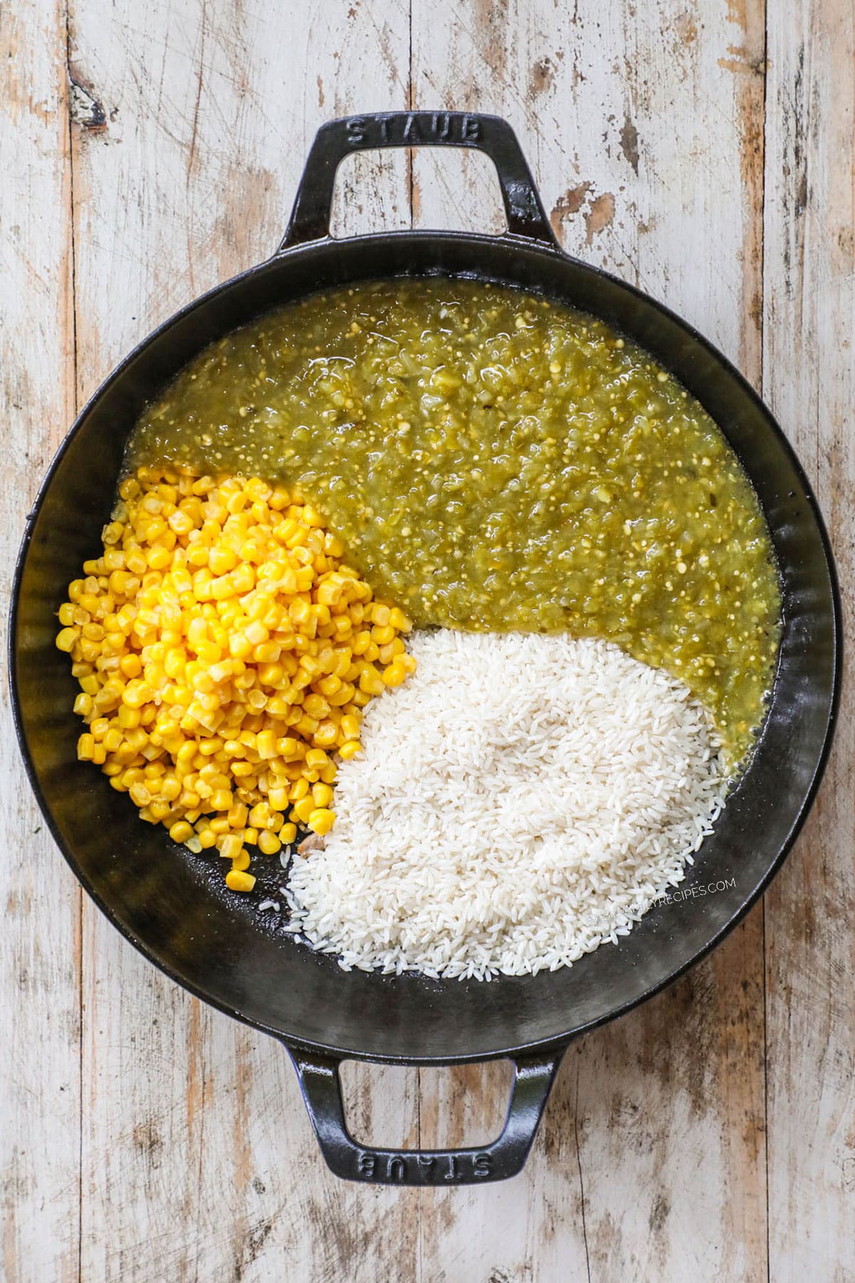 Steps to make Salsa Verde Chicken - Step 2)combine rice with corn and salsa