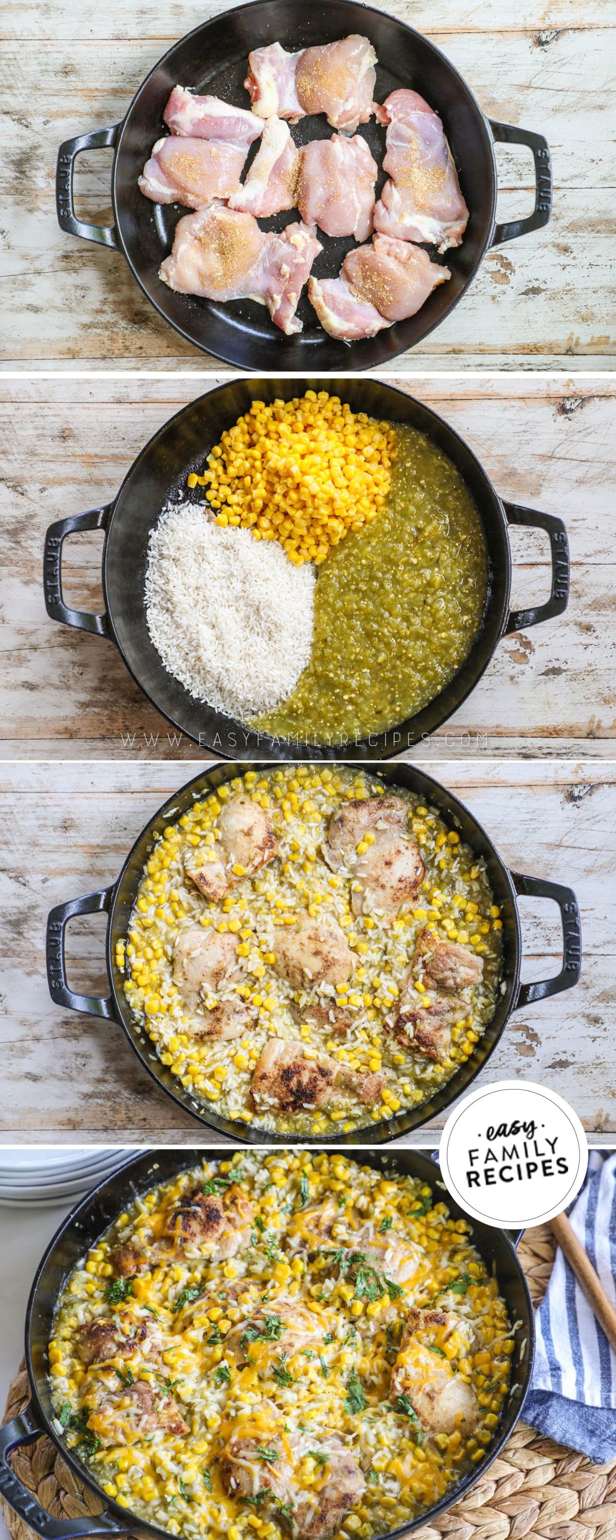 How to make salsa verde chicken and rice 1)sear chicken thighs in a skillet 2)deglaze and add corn, rice, and salsa 3)add chicken in 4)serve.