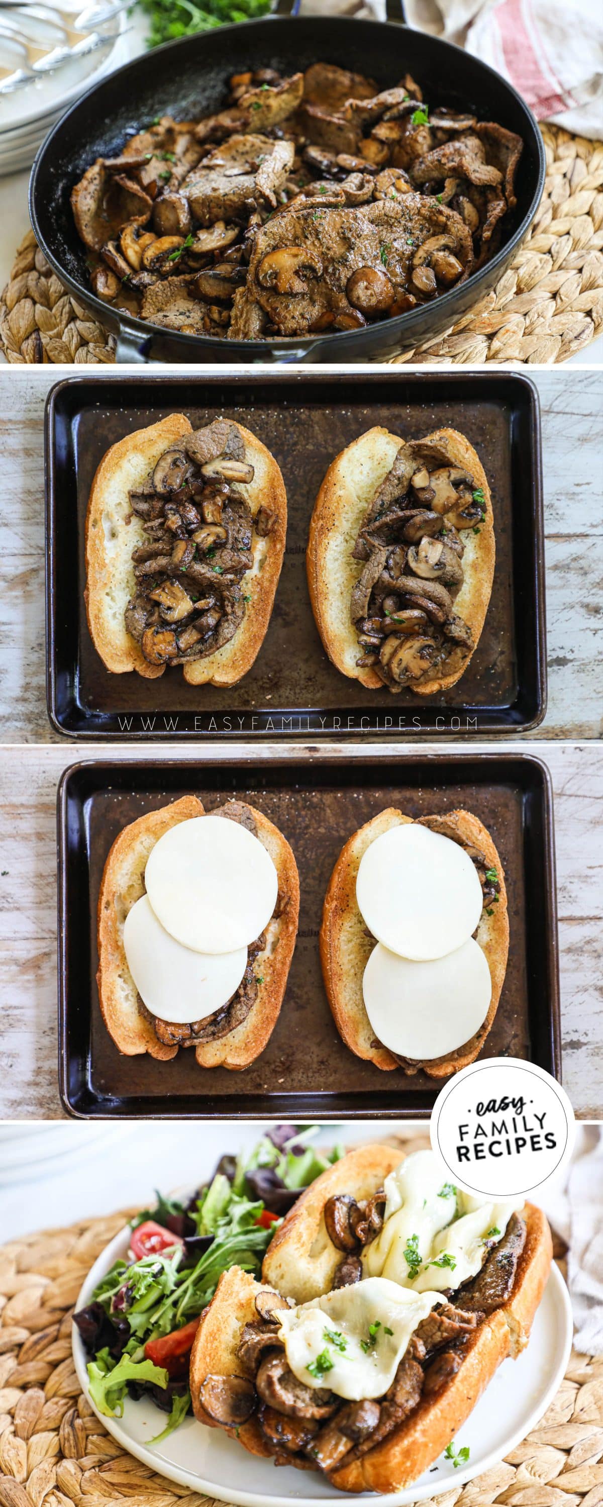 Steps to make a steak sandwich step 1 spread the garlic butter step 2 add the cooked steak step 3 add the cheese step 4 cook in the oven until the cheese is melted.