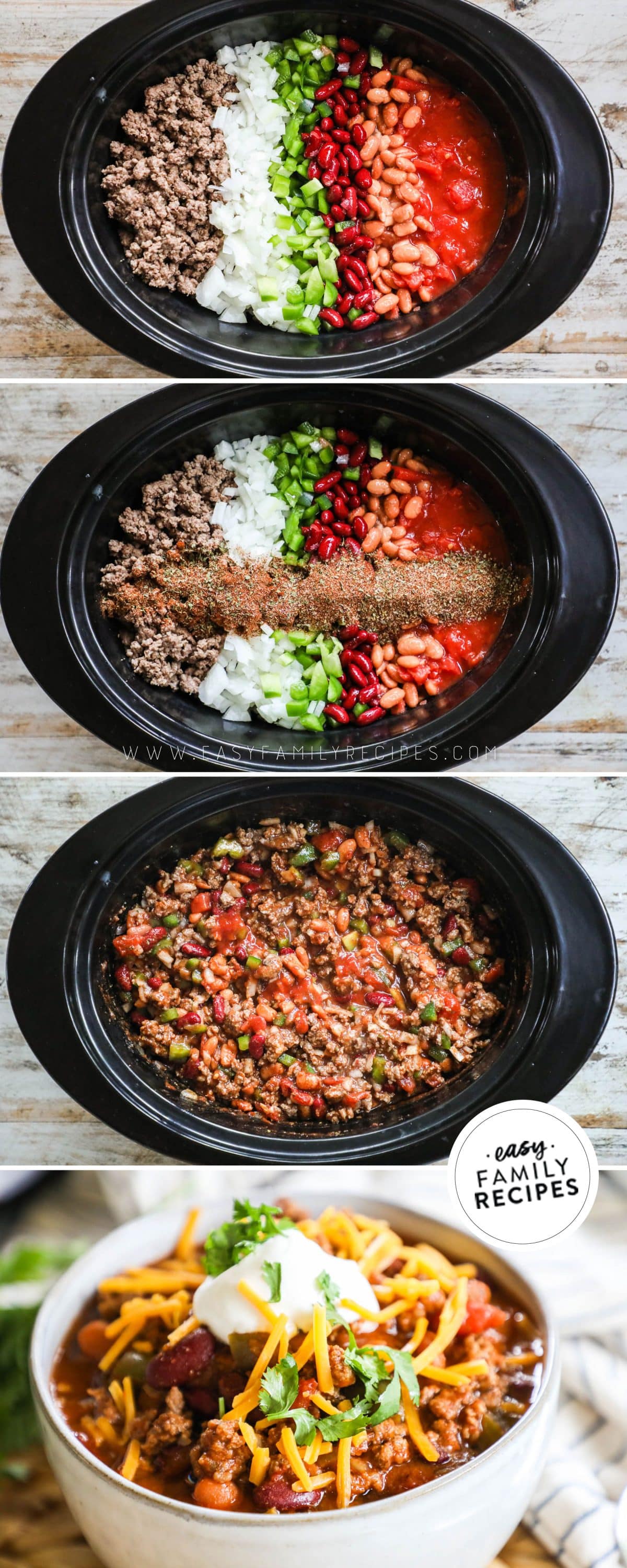 How to make Crock Pot beef chili 1)load all the ingredients into the slow cooker 2)add spices 3)cook 4)serve with toppings.