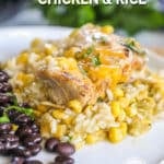 Plated salsa verde chicken skillet with a side of black beans