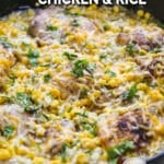 A skillet of chicken cooked with rice and salsa verde.