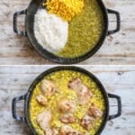 How to cook Salsa Verde Chicken 1)sear the chicken 2)combine rice with corn and salsa 3)simmer with chicken 4)top with cheese.