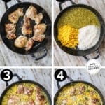 How to cook Salsa Verde Chicken 1)sear the chicken 2)combine rice with corn and salsa 3)simmer with chicken 4)top with cheese.