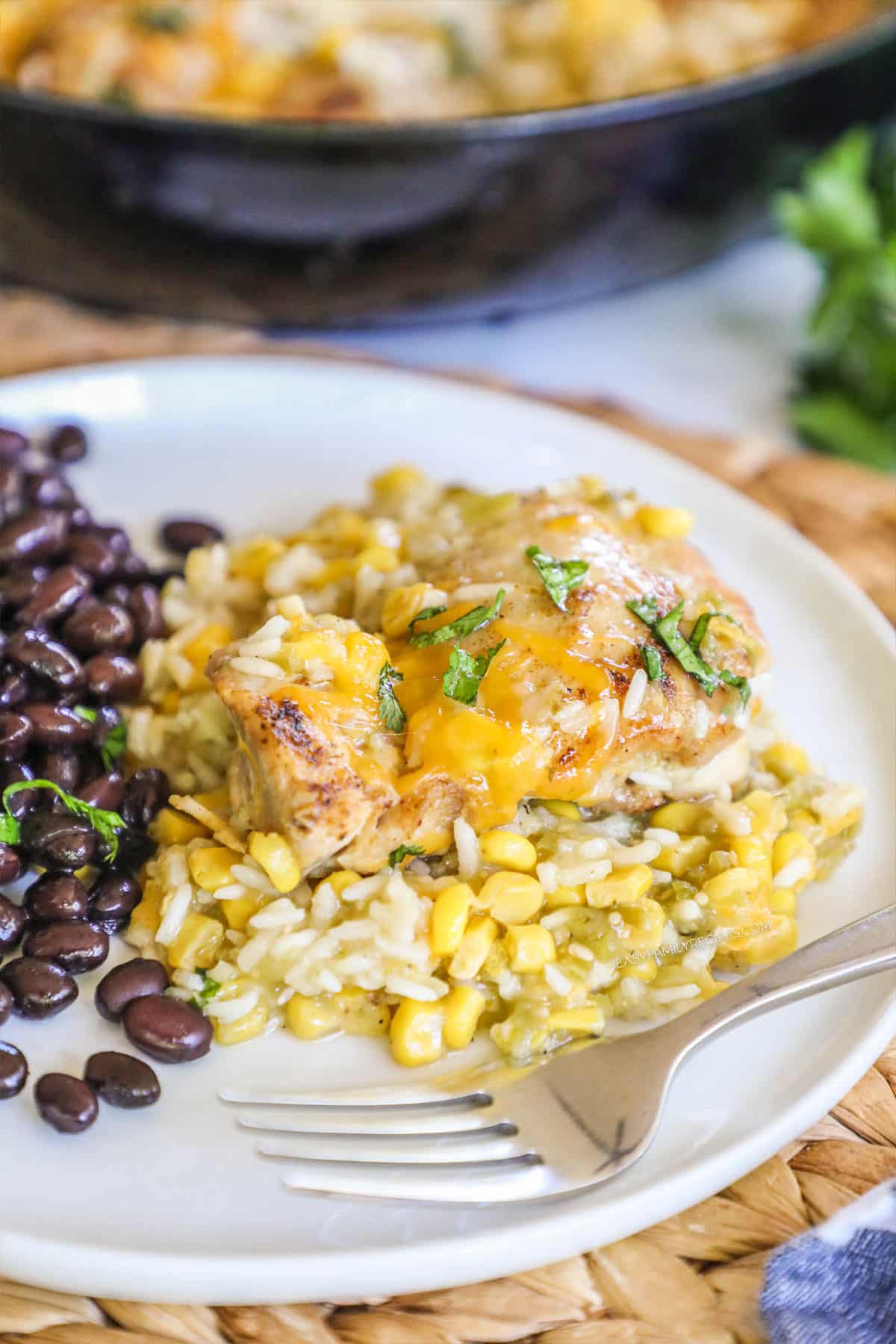 Plated salsa verde chicken skillet with a side of black beans