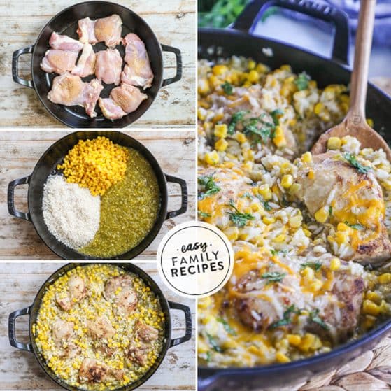 How to cook Salsa Verde Chicken 1)sear the chicken 2)combine rice with corn and salsa 3)simmer with chicken 4)top with cheese.