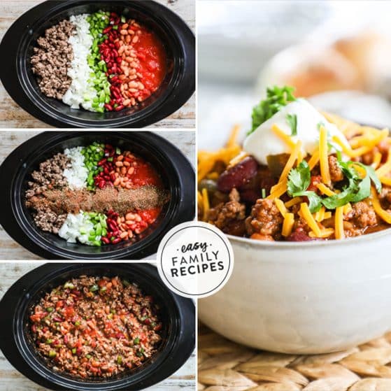 How to cook slow cooker beef chili 1)Add ingredients to Crock Pot 2)mix in chili seasoning 3)cook 4)serve with toppings like cheese and sour cream.