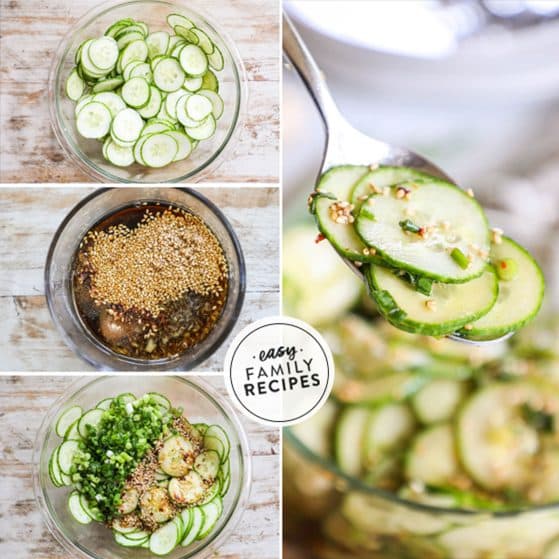 Step by step how to make asian cucumber salad step 1 slice and salt cucumbers step 2 mix the dressing ingredients step 3 mix together step 4 let sit in the fridge and enjoy!