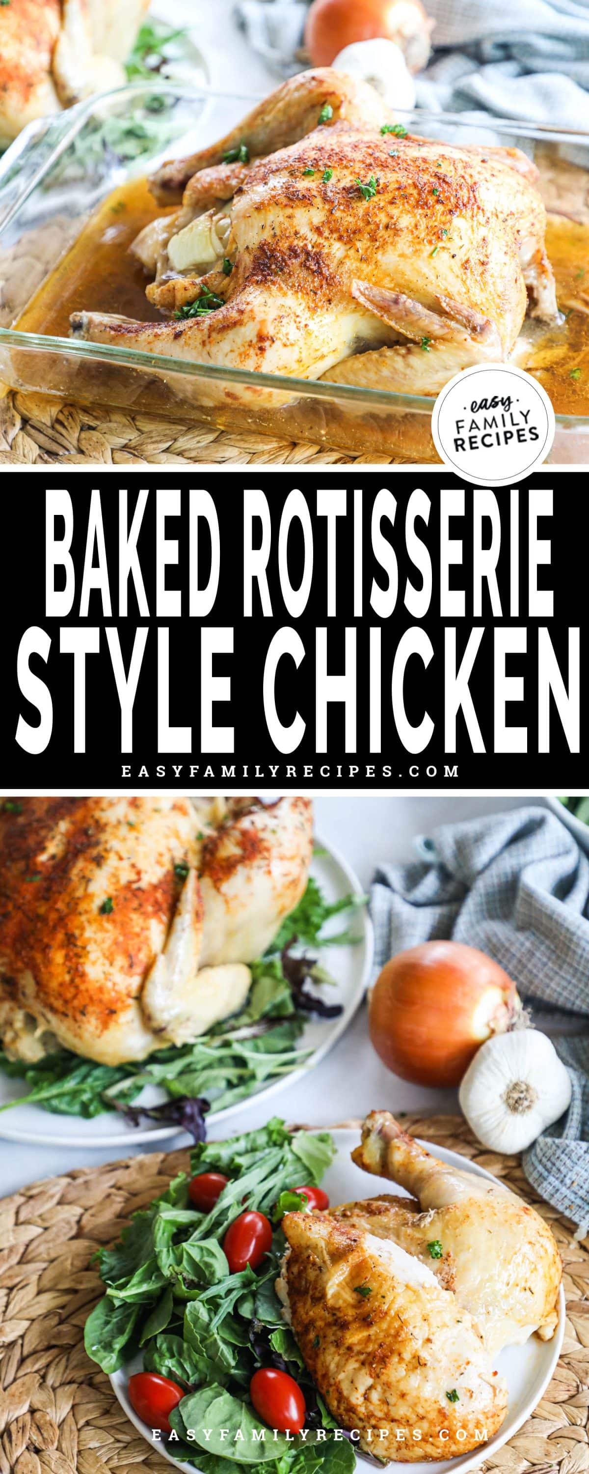 an oven roasted chicken seasoned rotisserie style served with salad.