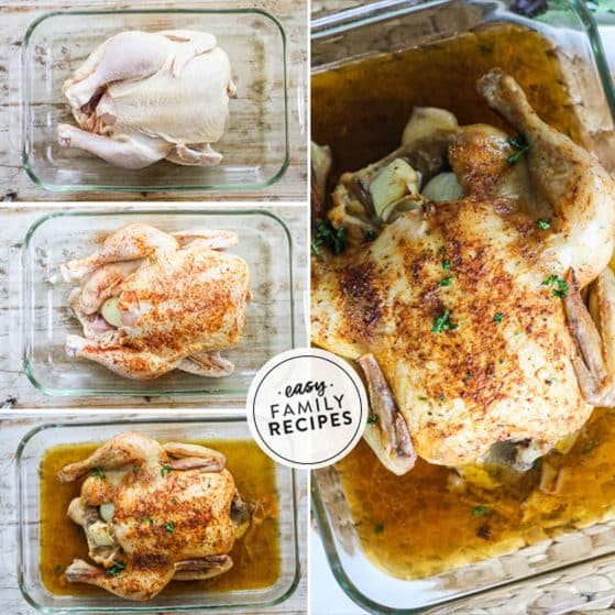 how to make oven roasted chicken 1)place in pan 2)season 3)roast 4)serve.