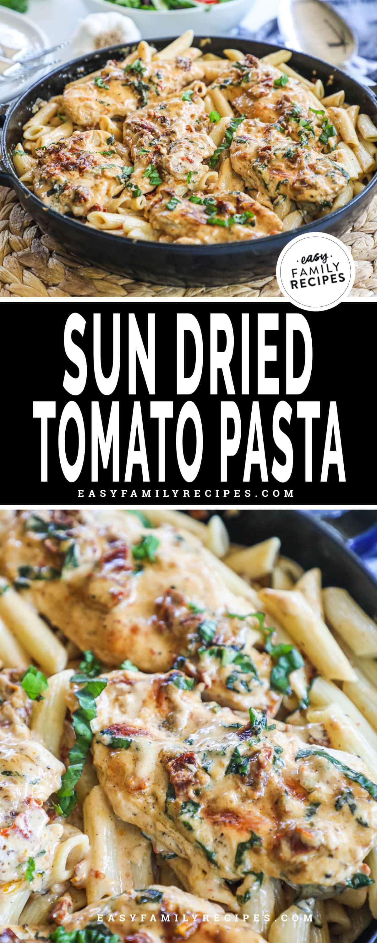 Sun dried tomato pasta in a skillet with cream sauce and on a plate for serving.
