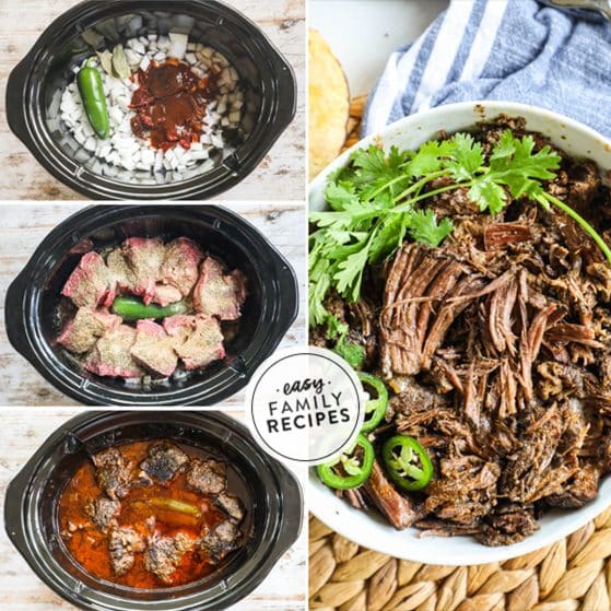 how to cook beef barbacoa 1)add ingredients to slow cooker 2)top with beef 3)cook 4)serve.