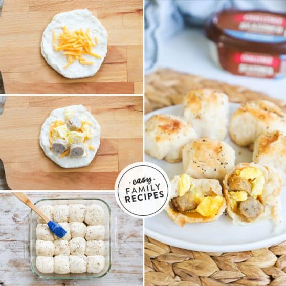 Step by step for making stuffed biscuit breakfast bombs. 1. Divide biscuits in half. 2. Add cheese, egg, and bacon or sausage. 3. Wrap each one tightly and place in a casserole dish. 4. Brush with melted Everything Butter and bake.