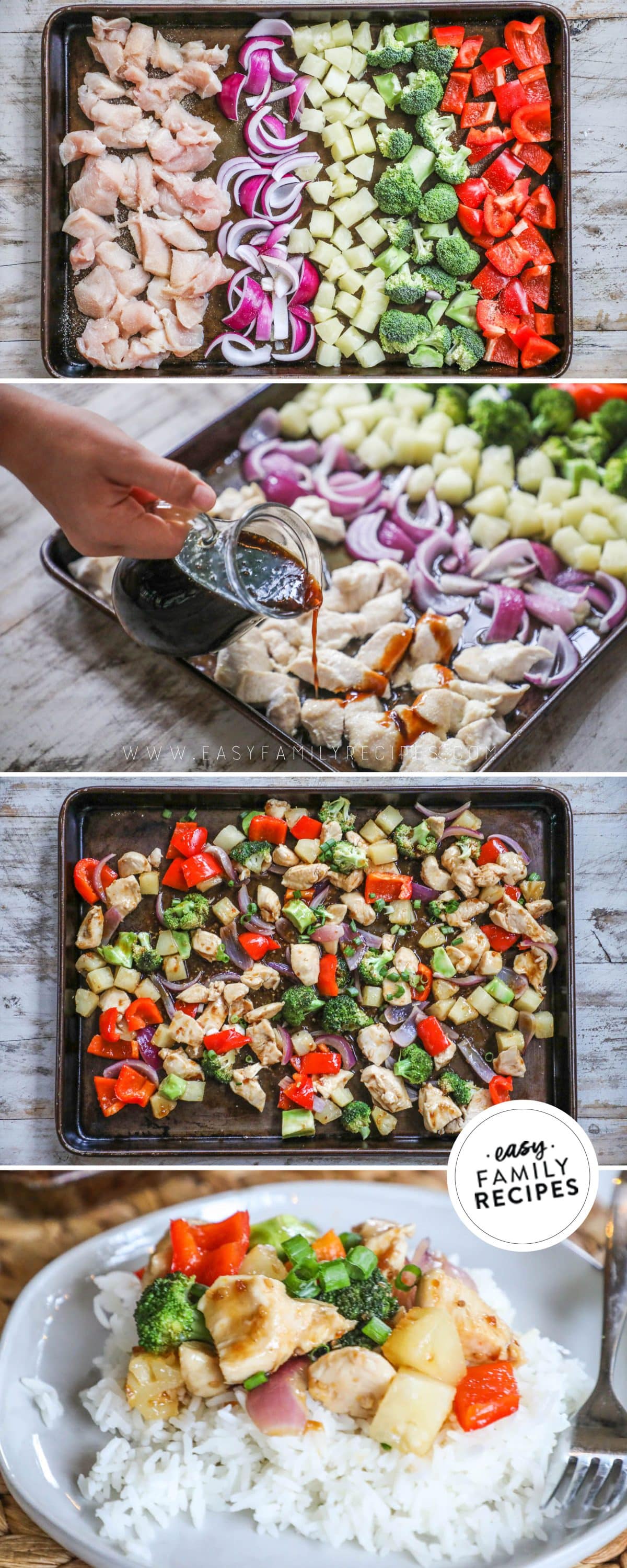 how to cook sheet pan pineapple chicken 1)bake on sheet pan 2)add teriyaki 3)mix 4)serve.