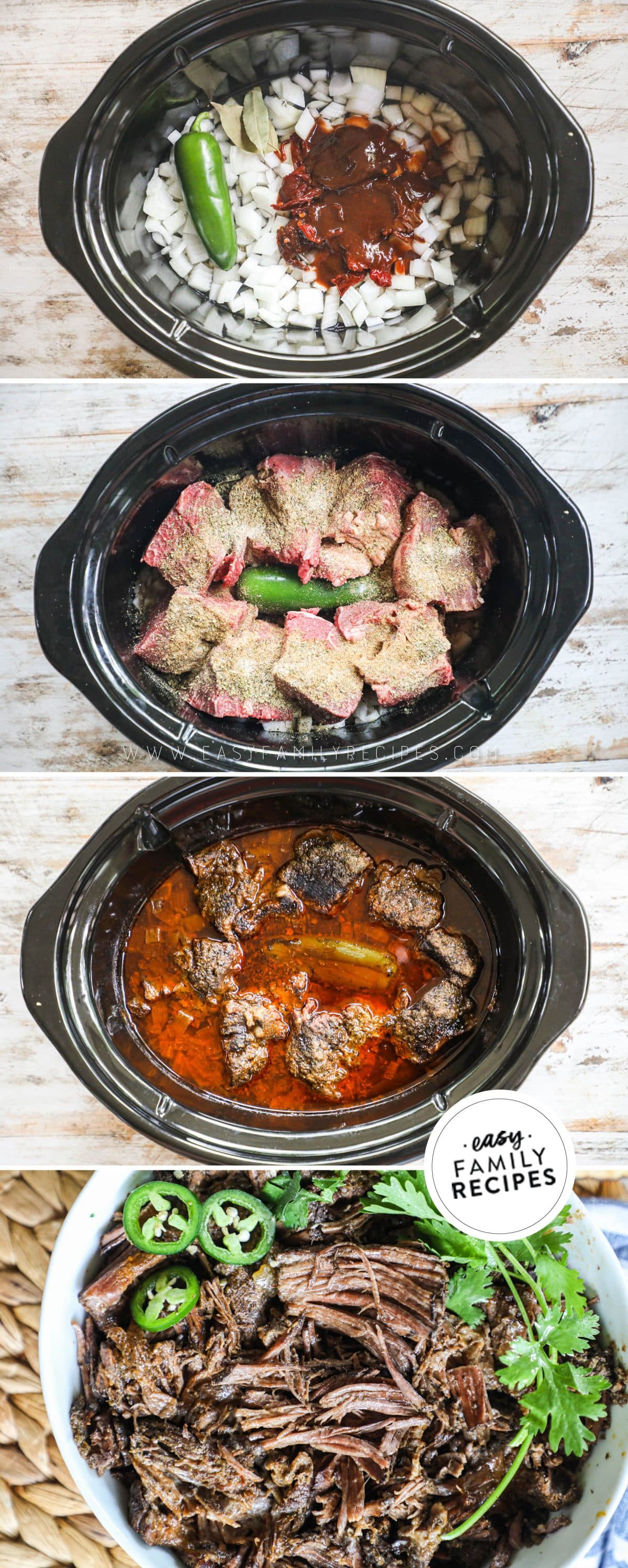how to make beef barbacoa 1)add ingredients to Crock Pot 2)add beef 3)cook 4)shred and serve.