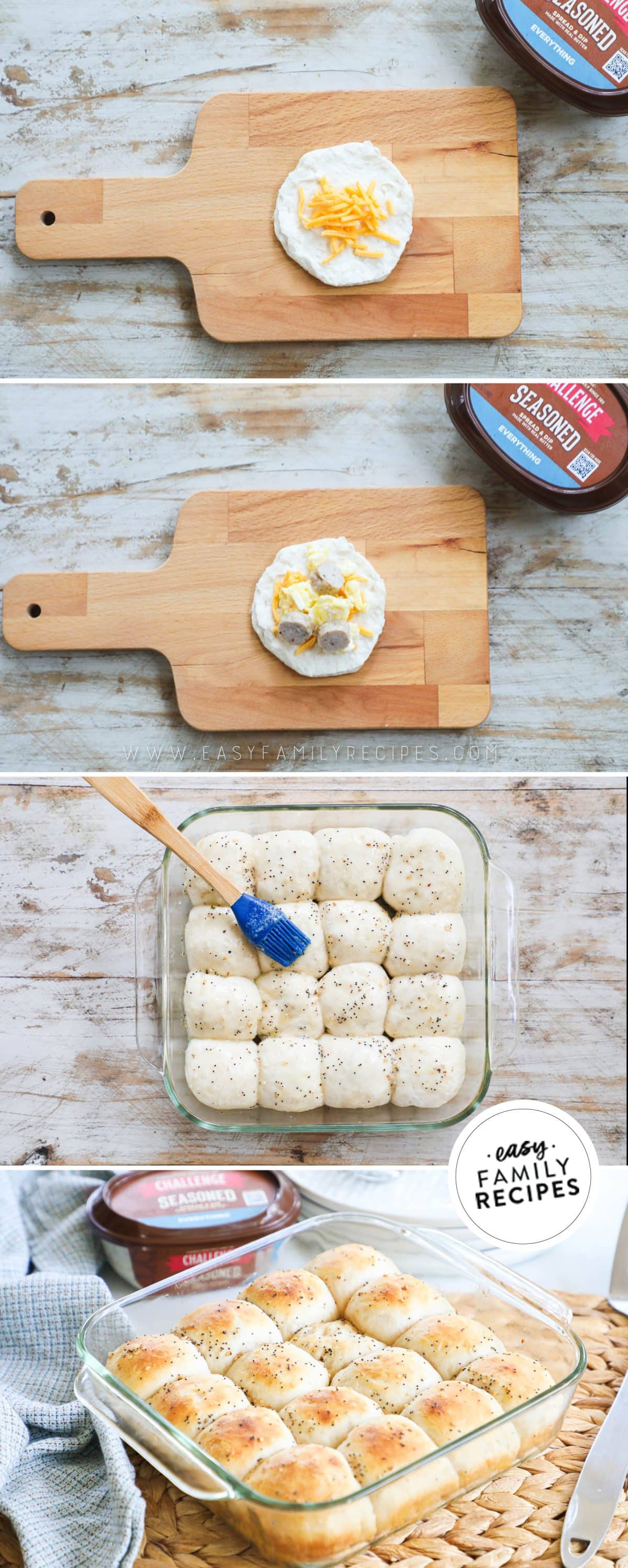 How to make Stuffed Biscuit Breakfast Bombs. 1. Divide biscuits in half. 2. Add cheese, egg, and bacon or sausage. 3. Wrap each one tightly and place in a casserole dish. 4. Brush with melted Everything Butter and bake.