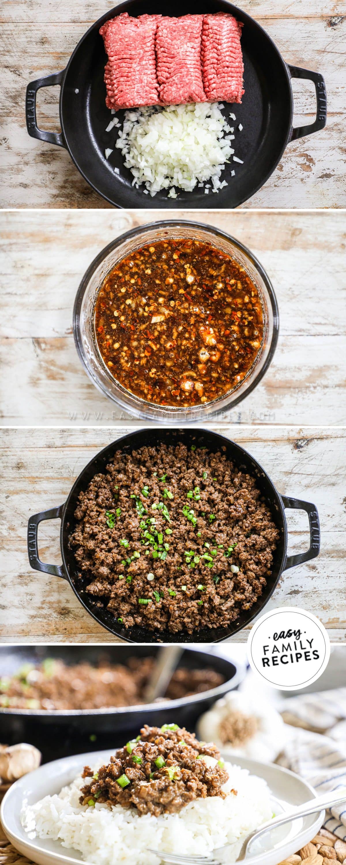 how to make korean beef 1)saute beef with onions 2)mix the sauce 3)combine in pan 4)serve.