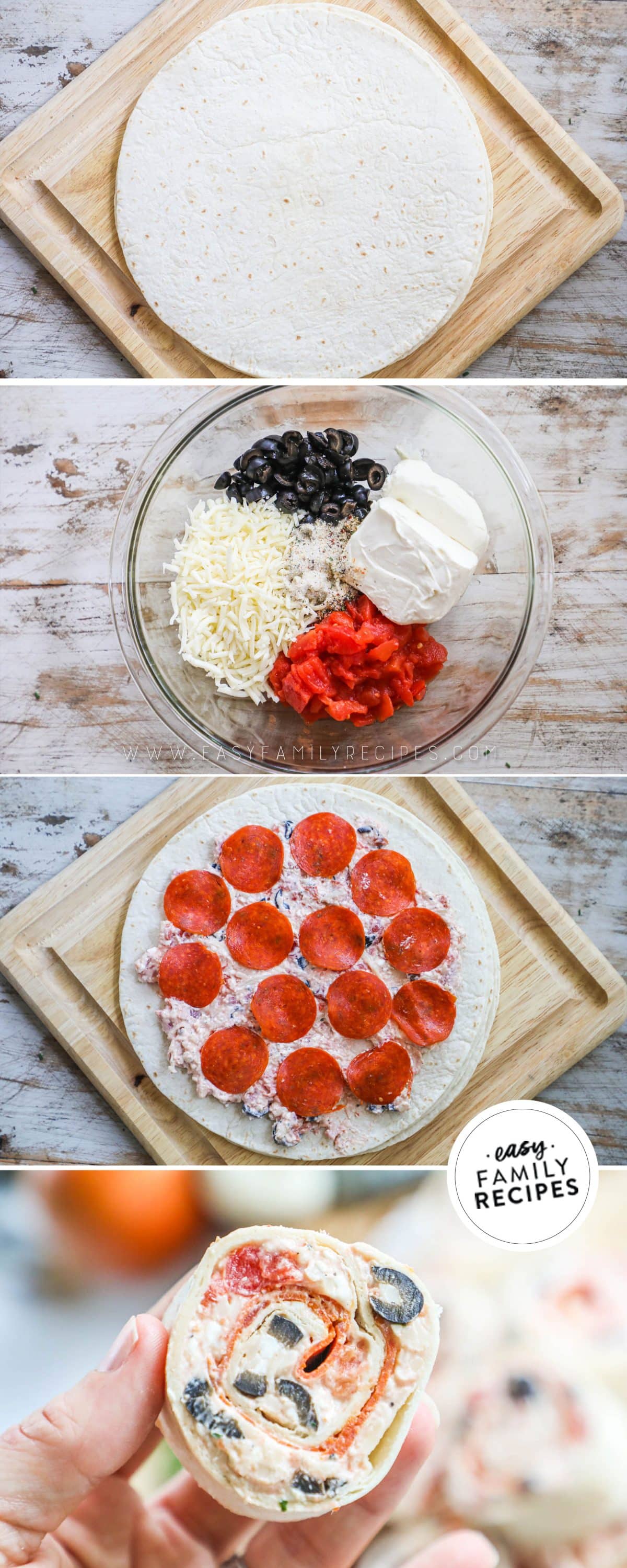 Steps to make pepperoni pinwheels step 1 lay out tortillas step 2 mix cream cheese and other filling ingredients except pepperoni step 3 spread onto tortilla with pepperoni step 4 roll up and cut.