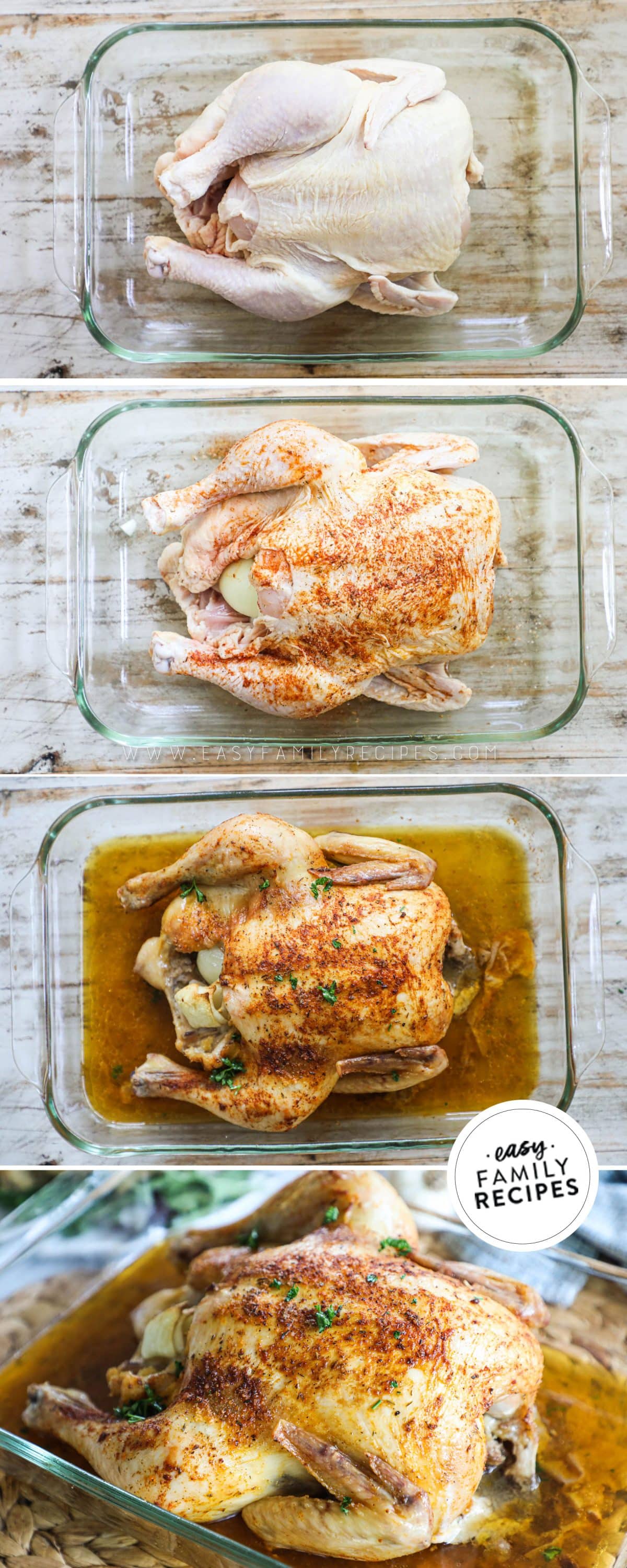 How to bake rotisserie style chicken in the oven 1)prepare chicken 2)rub with seasonings 3)roast in oven 4)serve.