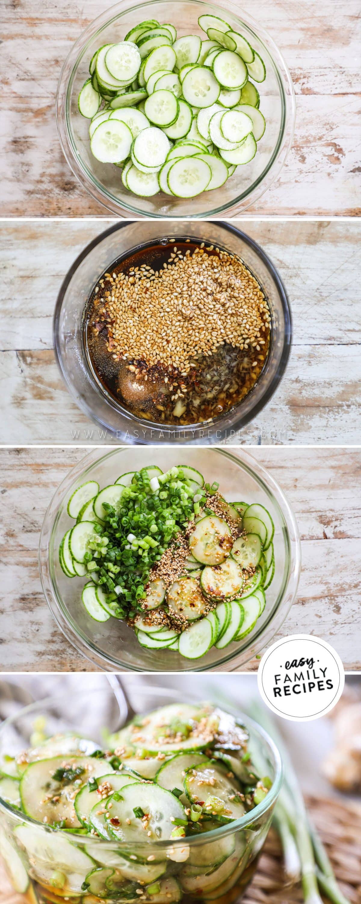 Step by step how to make asian cucumber salad step 1 slice and salt cucumbers step 2 mix the dressing ingredients step 3 mix together step 4 let sit in the fridge and enjoy!