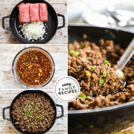 how to cook Korean beef 1)saute ground beef and onions 2)mix sauce ingredients 3)cook together 4)serve.