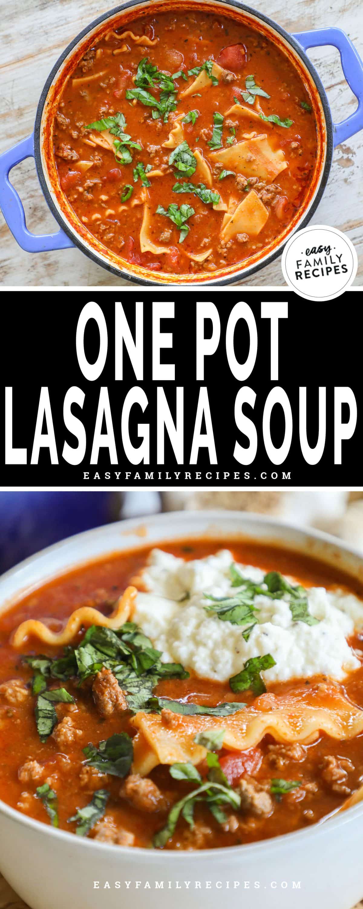 a large pot of lasagna soup ladled into bowl with ricotta on top.