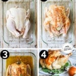 process photos for how to make rotisserie chicken in the oven.