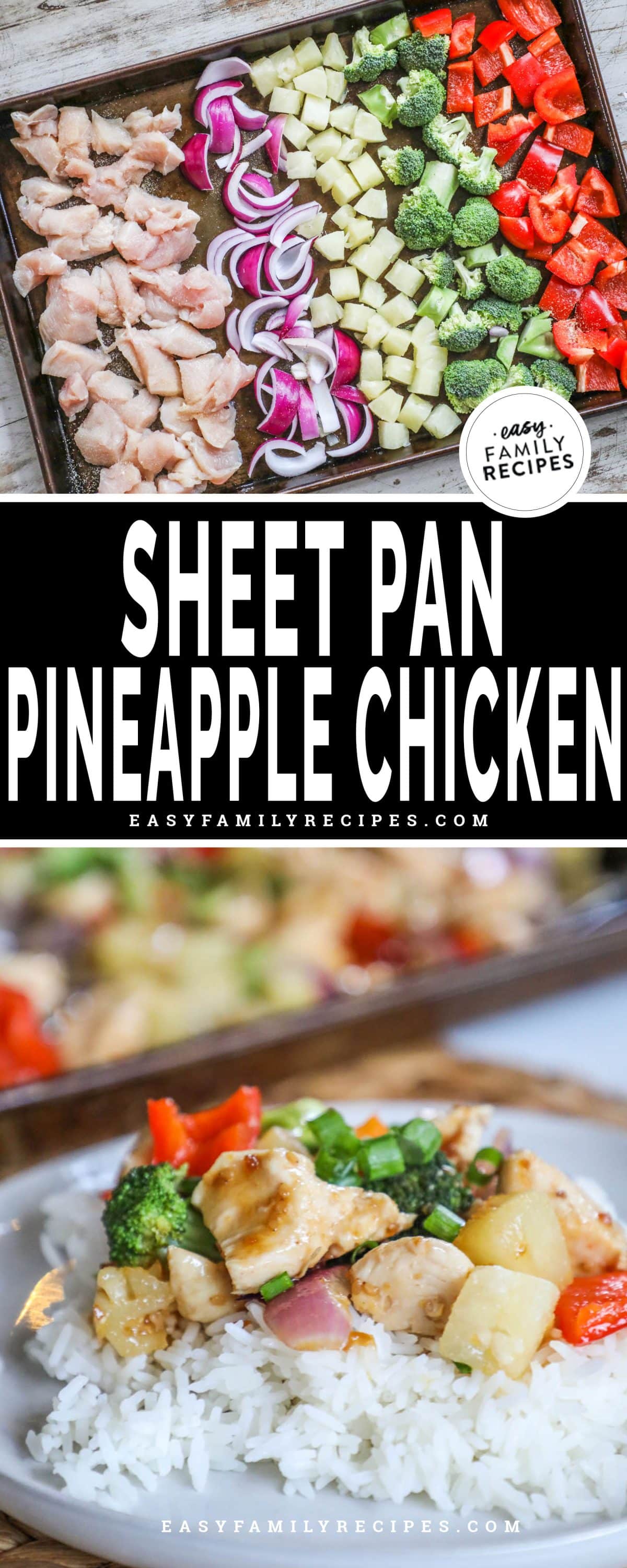 veggies, pineapple, and chicken arranged on a pan then baked together and served over rice.