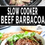 a slow cooker with raw beef and a bowl of cooked shredded beef.