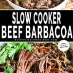 Two images of beef barbacoa - top is a pulled away image of beef in a bowl. bottom image is similar but closer up