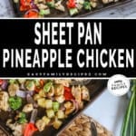 Baked Sheet Pan Pineapple Chicken and then it served on a plate with rice.