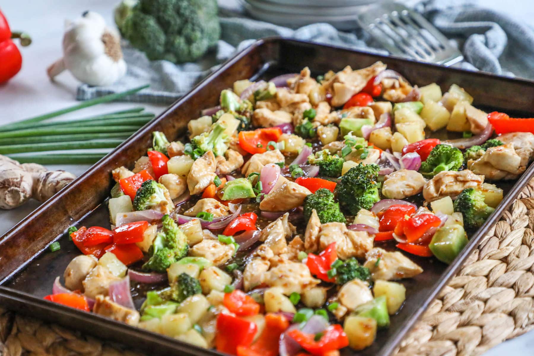 Sheet Pan Pineapple Chicken Recipe finished and ready to serve.