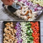 Process photos for how to make sheet pan pineapple chicken.