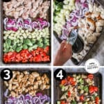 Process photos for how to make sheet pan pineapple chicken.