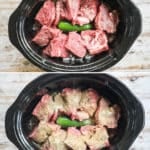 how to make beef barbacoa 1)add ingredients to Crock Pot 2)add beef 3)cook 4)shred and serve.