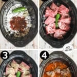 how to make beef barbacoa 1)add ingredients to Crock Pot 2)add beef 3)cook 4)shred and serve.