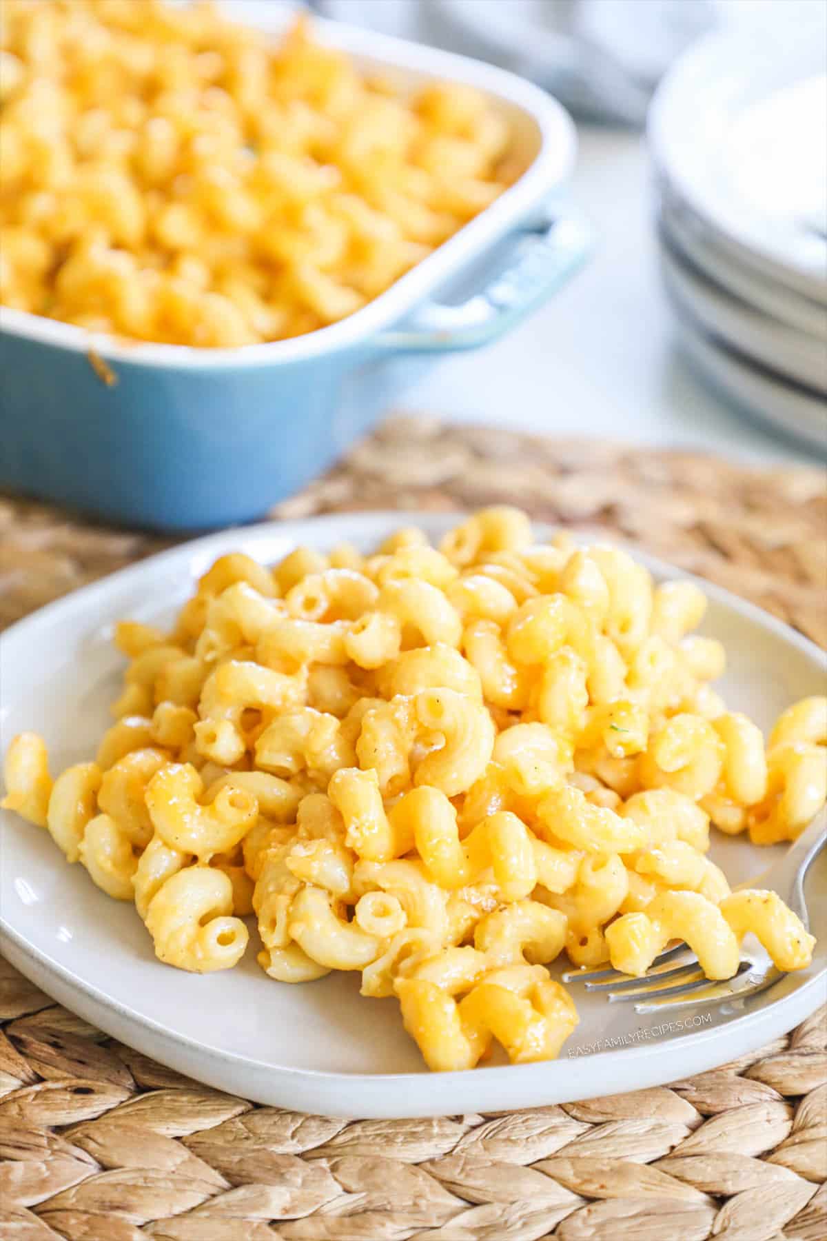 Baked Mac and cheese prepared and served on a plate to eat.