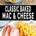 Baked macaroni and cheese in a casserole dish and served with ham and green bean casserole.