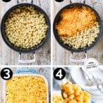 Process photos for how to make baked mac and cheese.