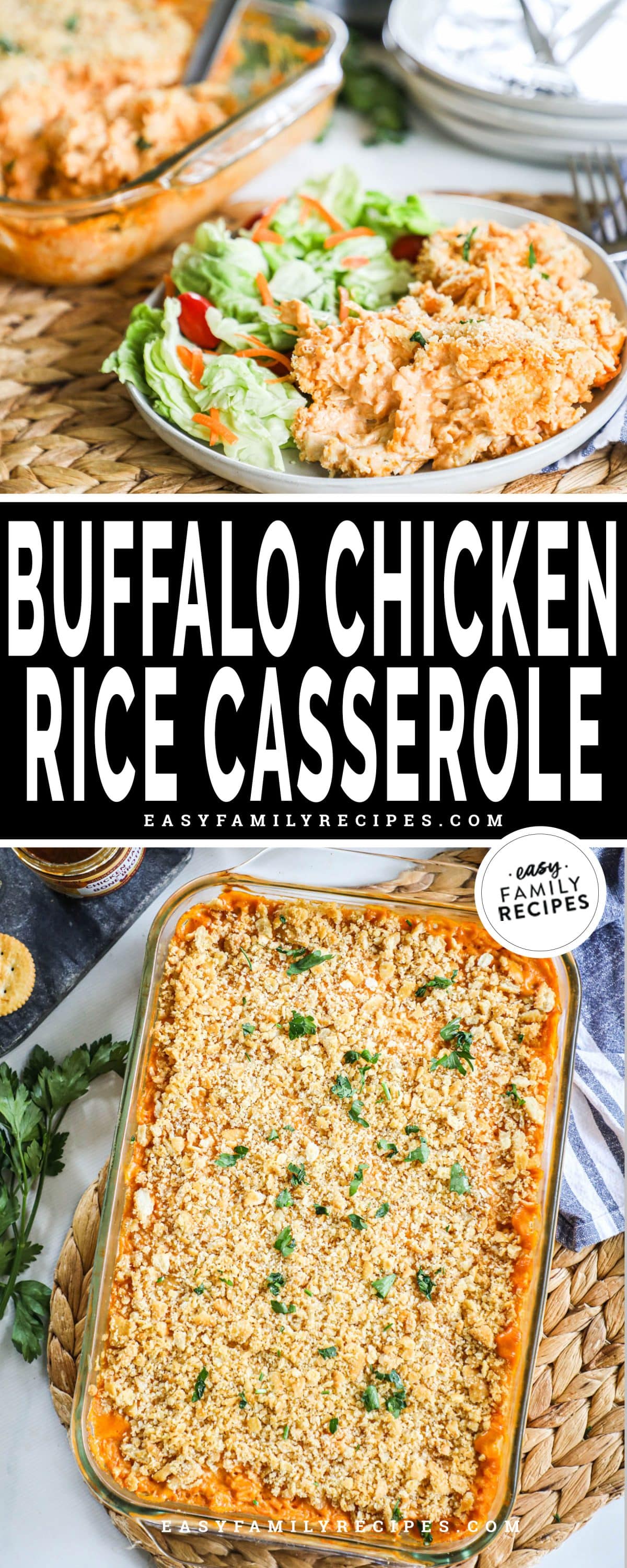 Buffalo Chicken and Rice Casserole made in a 9x13 casserole dish
