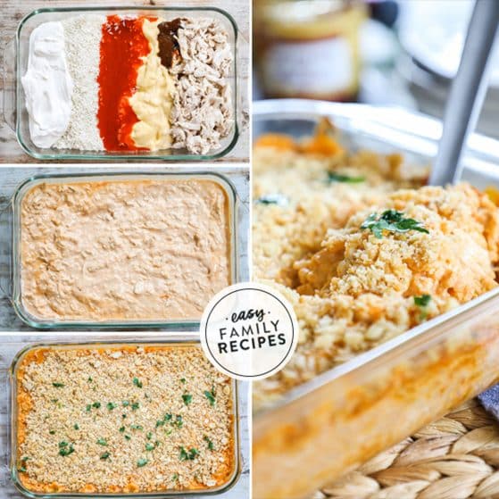 Step by step for making Buffalo Chicken Rice Casserole- 1. Combine chicken, buffalo sauce, cream of chicken soup, chicken base, rice, sour cream. 2. Mix and spread in a casserole dish. 3. Cover with crushed crackers. 4. Serve hot!