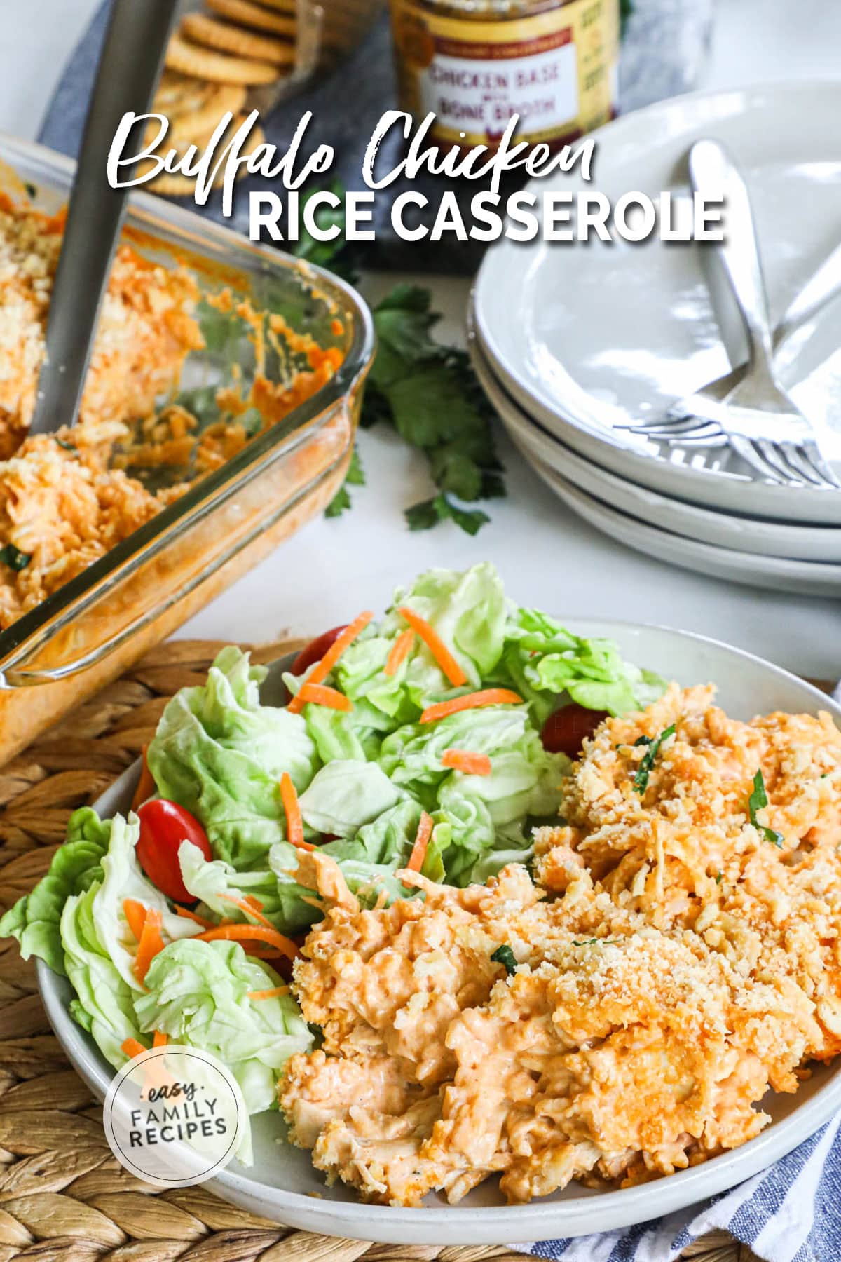 Buffalo Chicken Rice Casserole with salad for an easy chicken dinner