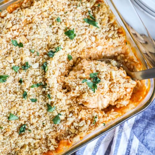 Buffalo Chicken Casserole with crushed cracker topping.