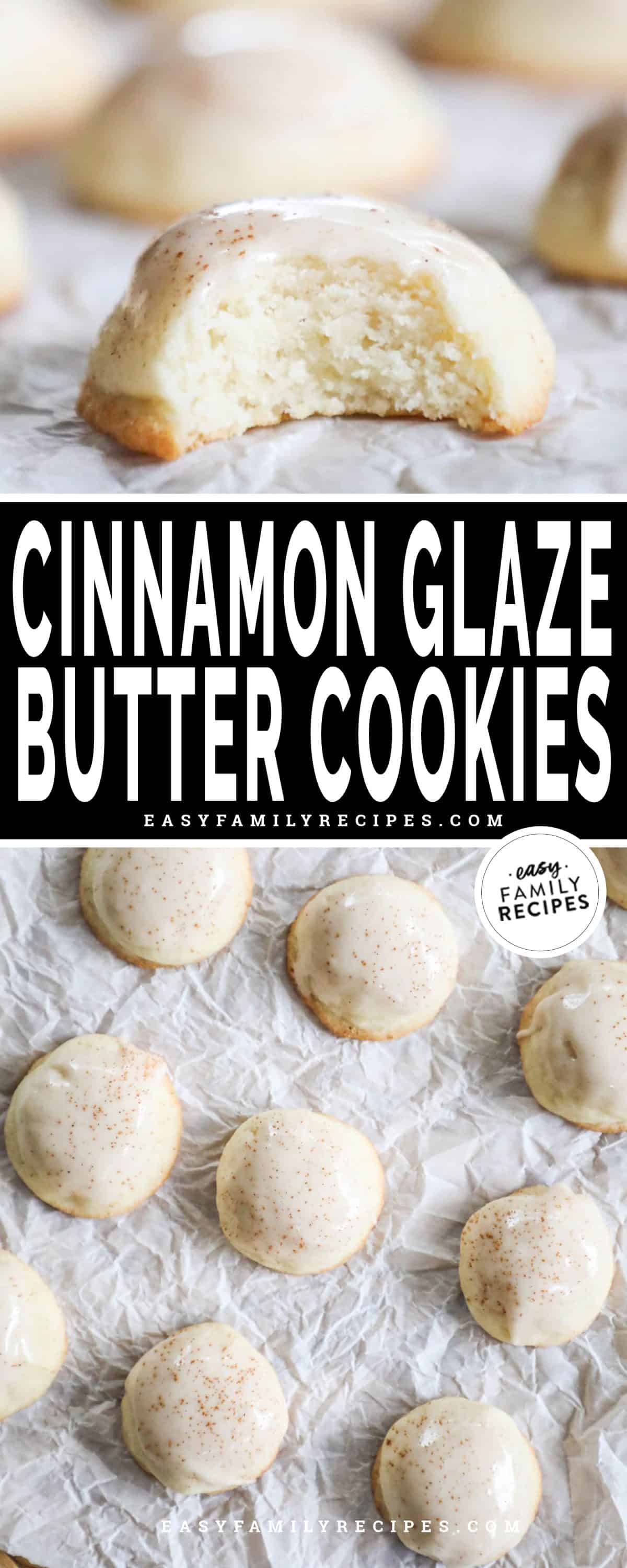 Butter cookies with cinnamon glaze on a baking tray and one head on image with a bite taken out of the cookie.