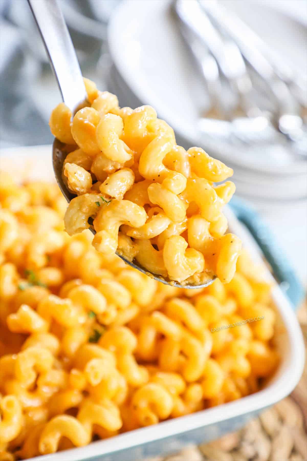 Baked Macaroni and Cheese prepared in a casserole dish. 