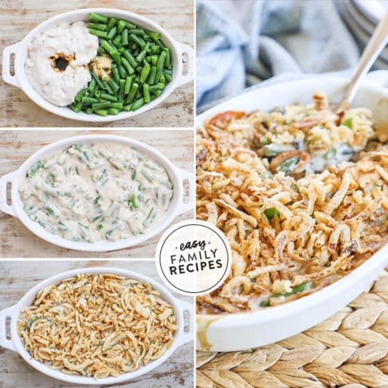 how to cook green bean casserole 1)add ingredients to dish 2)mix 3)add onions 4)bake and serve.